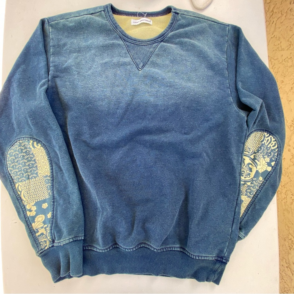 Lucky Sartorius Shirt Japan streetwear Washed Indigo Sweat with elbow patch 2xl